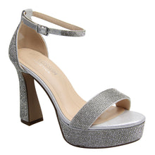 Load image into Gallery viewer, A single silver platform sandal with a high block heel, embellished with sparkling rhinestones, featuring an ankle strap and open toe, shown against a plain white background.
