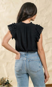 Black Flutter Solid Woven Blouse