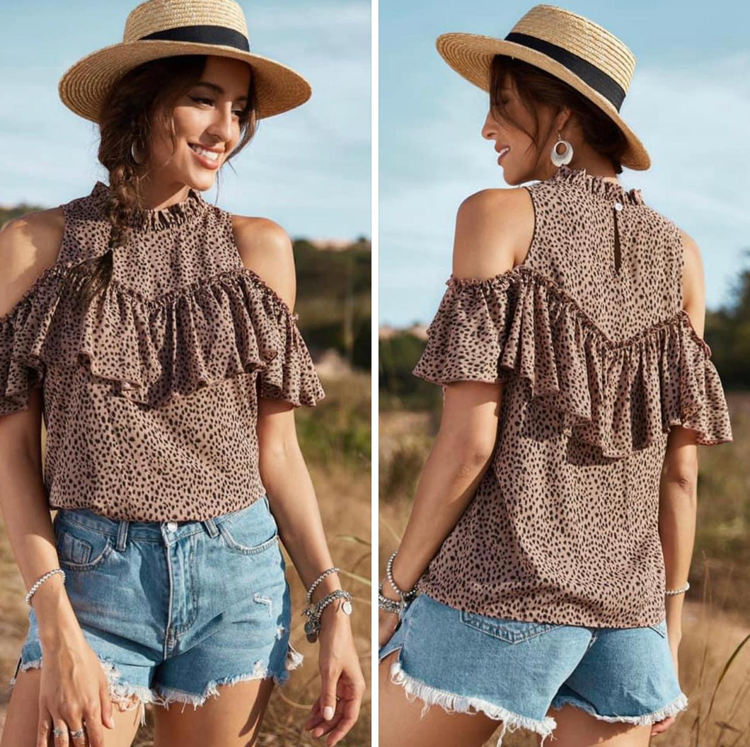 Taupe cheetah ruffled blouse